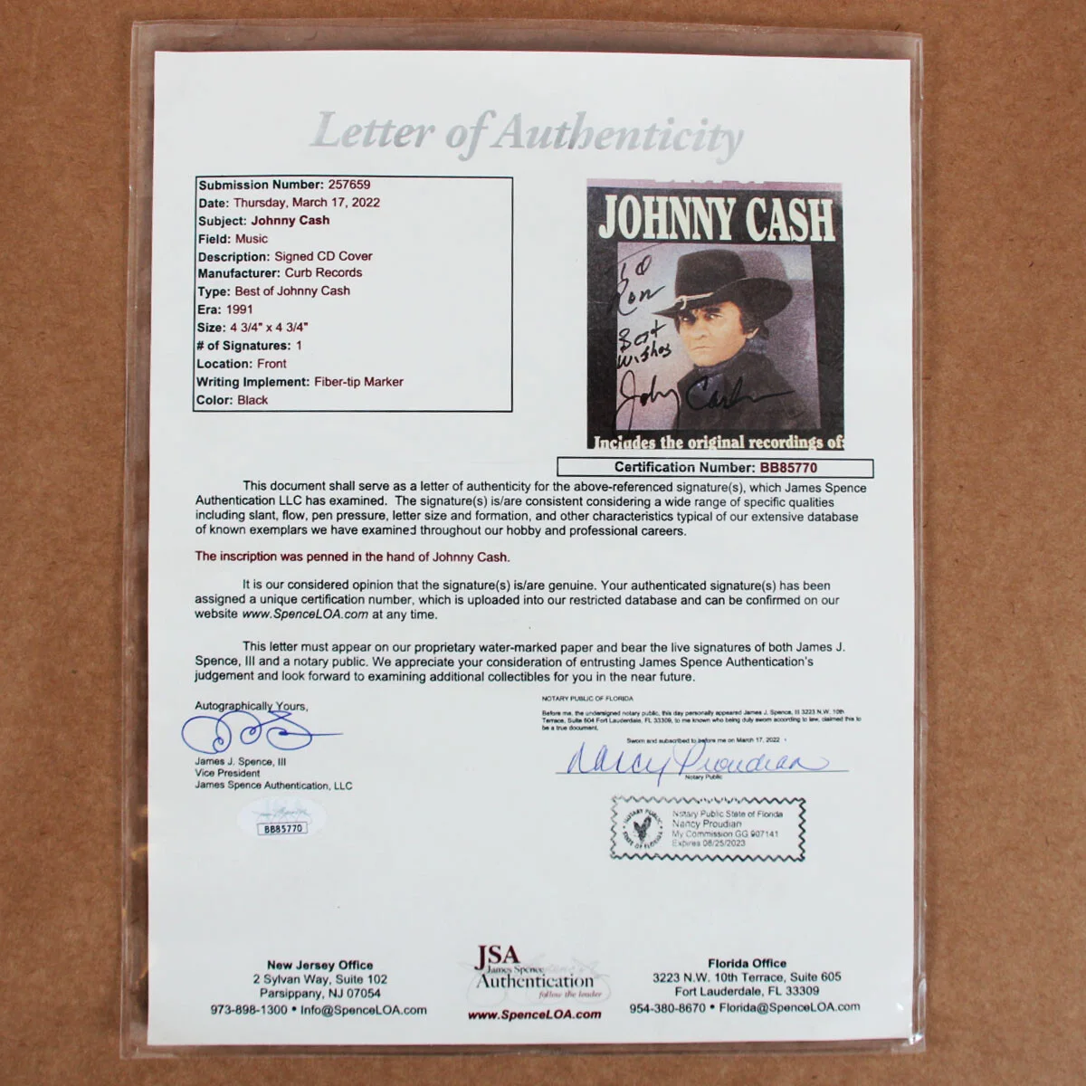 Johnny Cash Signed CD Cover Display - COA JSA, image 4