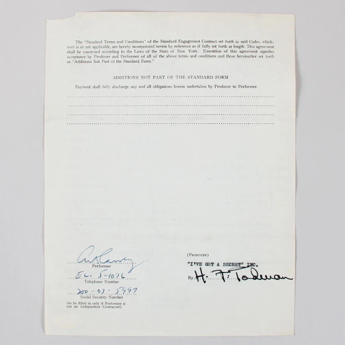 Art Carney Signed Contract "I've Got a Secret" - COA JSA, image 3