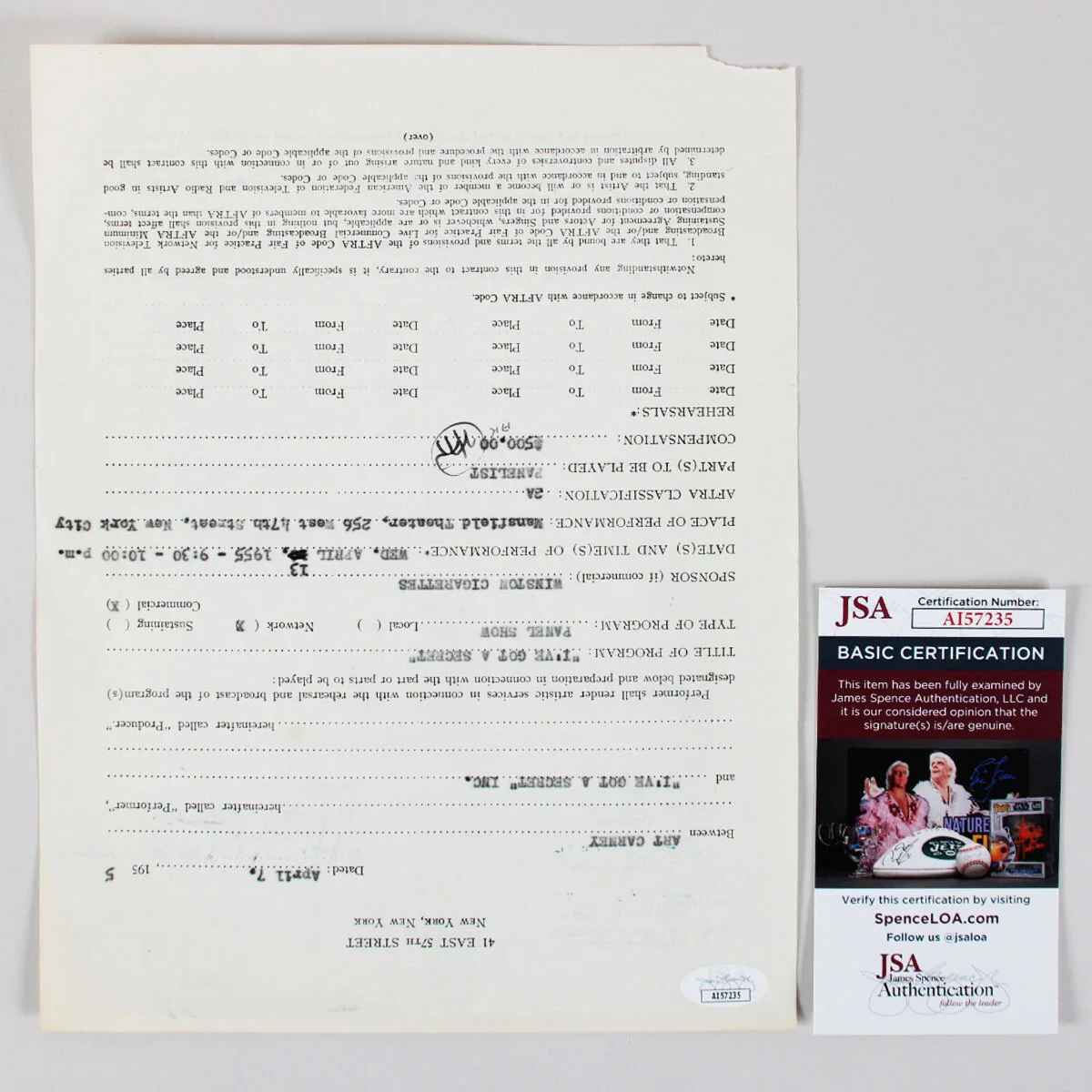 Art Carney Signed Contract "I've Got a Secret" - COA JSA, image 5