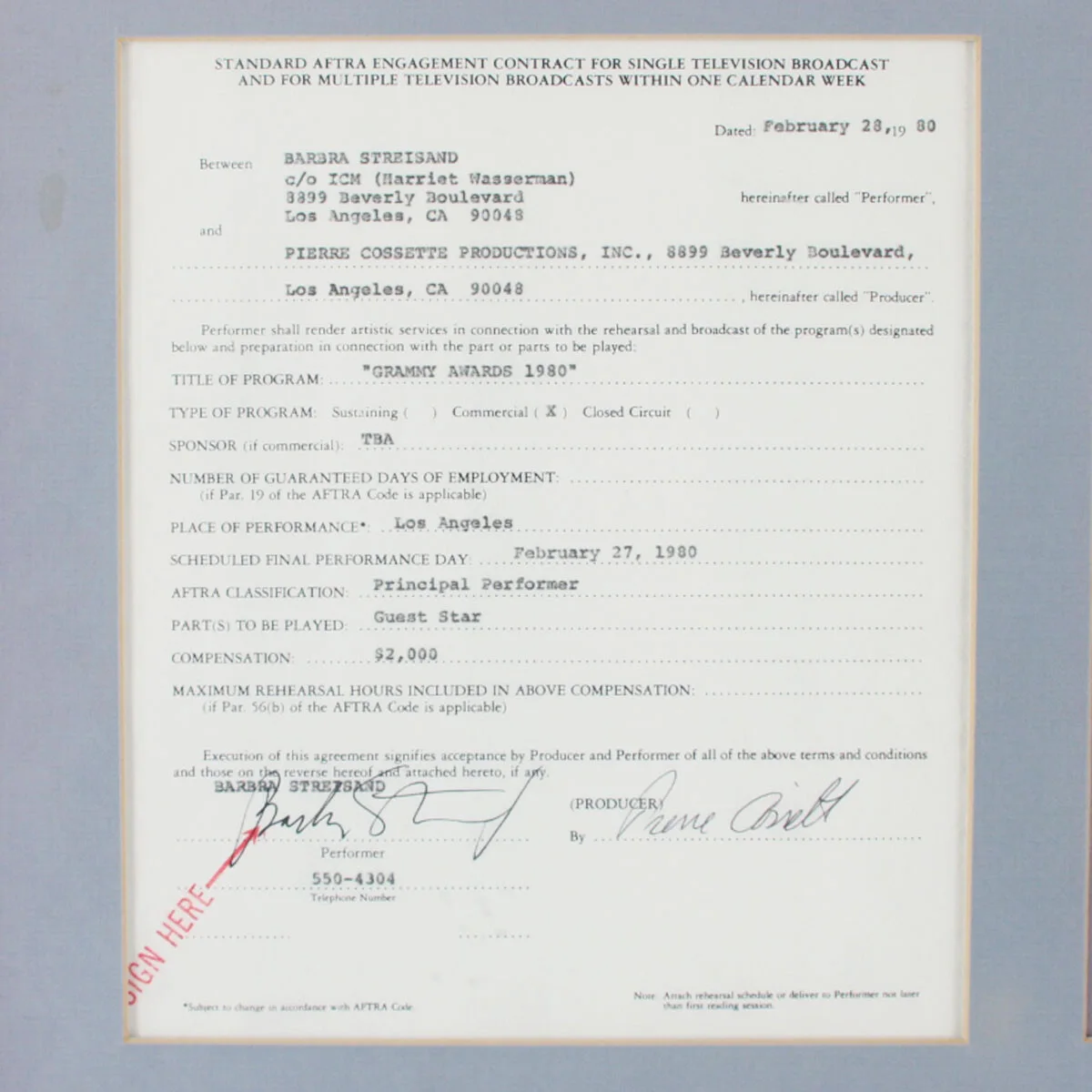 Barbra Streisand Signed Contract Display 1980 Grammy Awards - COA JSA, изображение 4