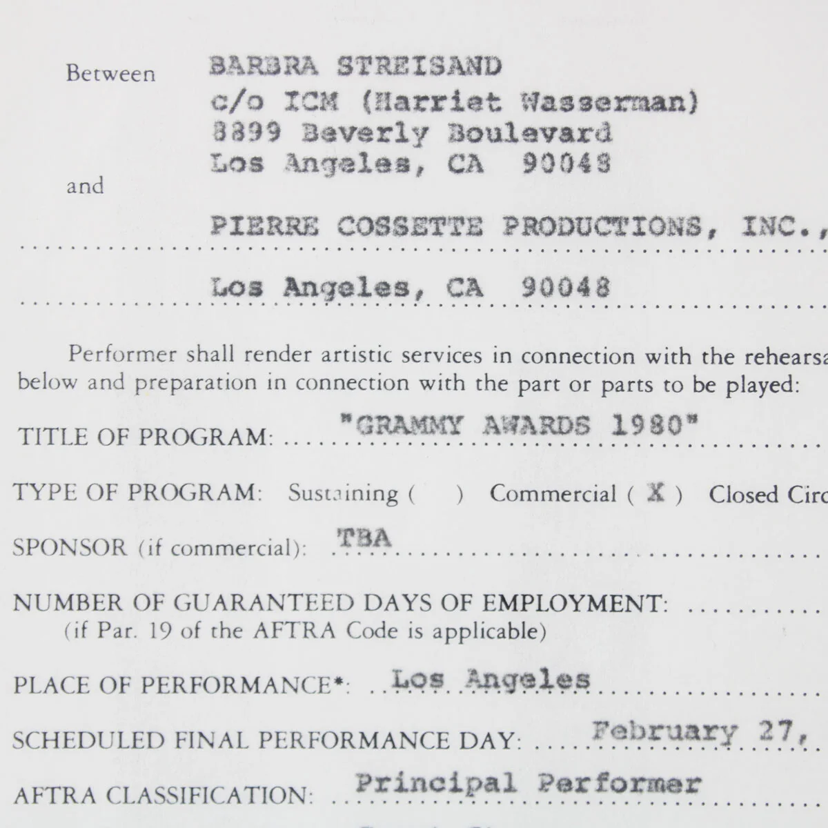 Barbra Streisand Signed Contract Display 1980 Grammy Awards - COA JSA, изображение 5