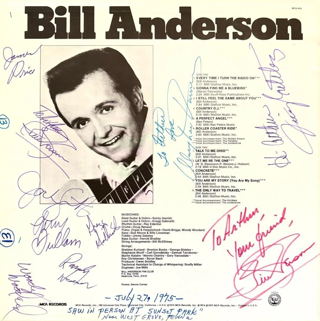 BILL ANDERSON"S HAND SIGNED AUTOGRAPH LP ALBUM "TALK TO ME OHIO", image 2