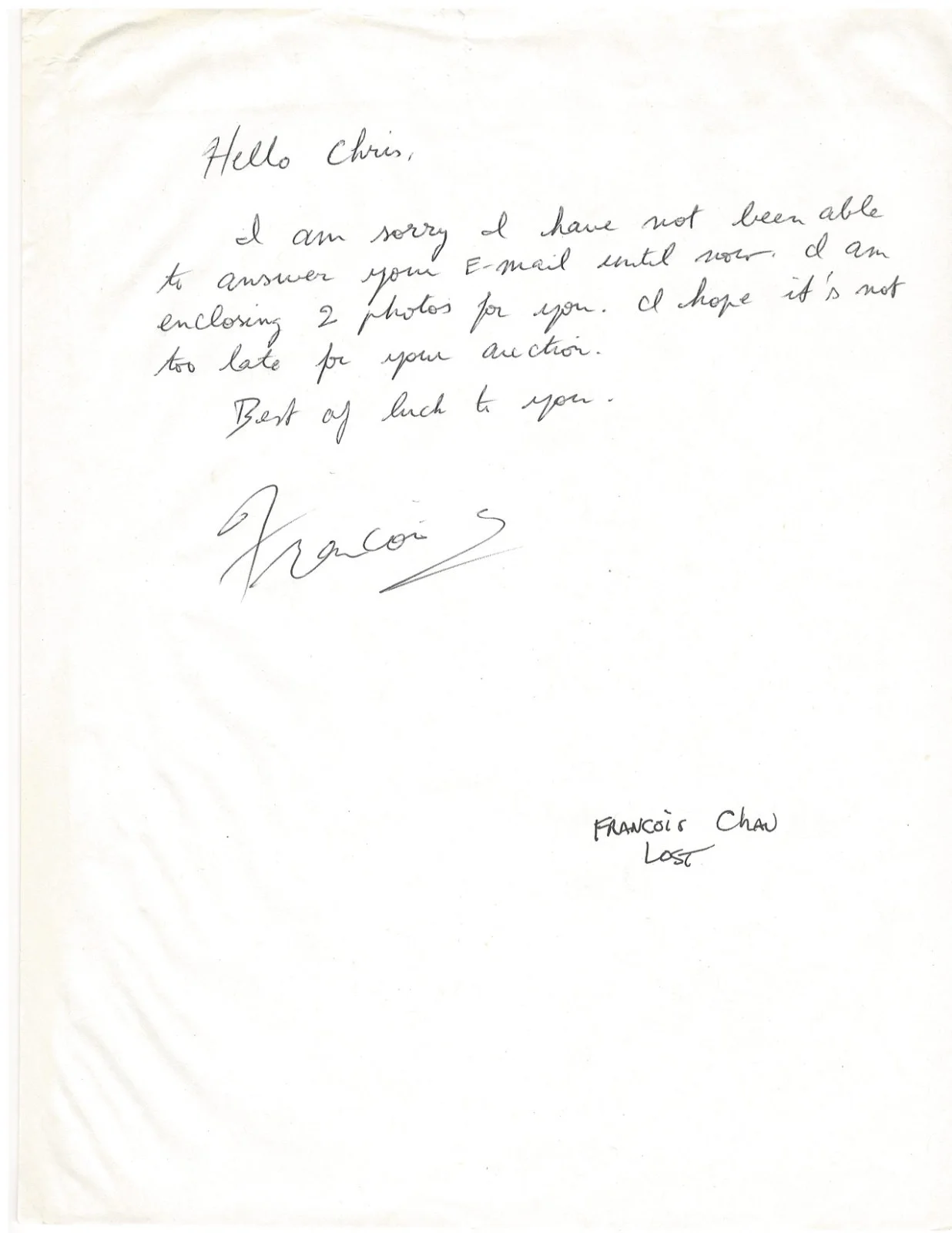 Francois Chau — Francois Chau Signed Color Press Photo + Signed Personal Letter — Lost, изображение 2