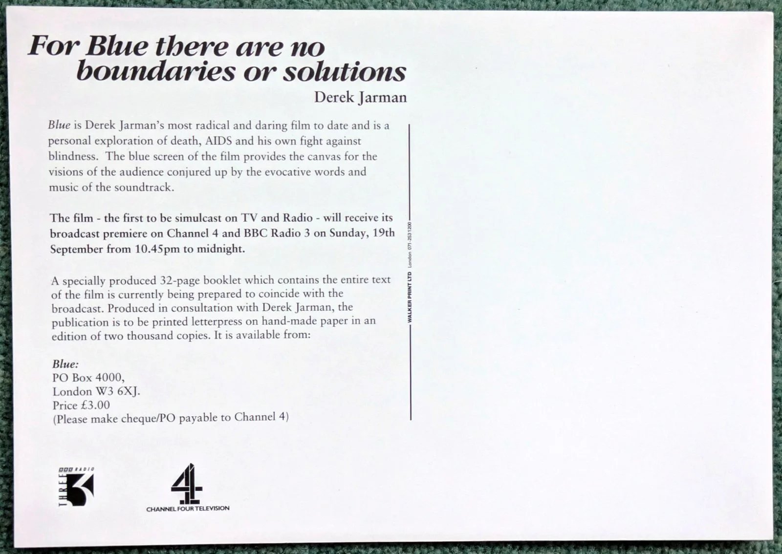 Derek Jarman 'Blue' 1993 film postcard original lobby card Channel 4 promo, изображение 2