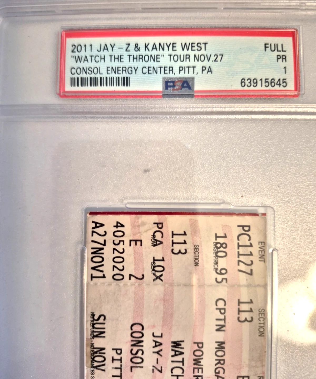 JAY-Z AND KANYE WEST 11/27/2011 WATCH THE THRONE TOUR TICKET STUB PSA ENCAP RARE, изображение 2