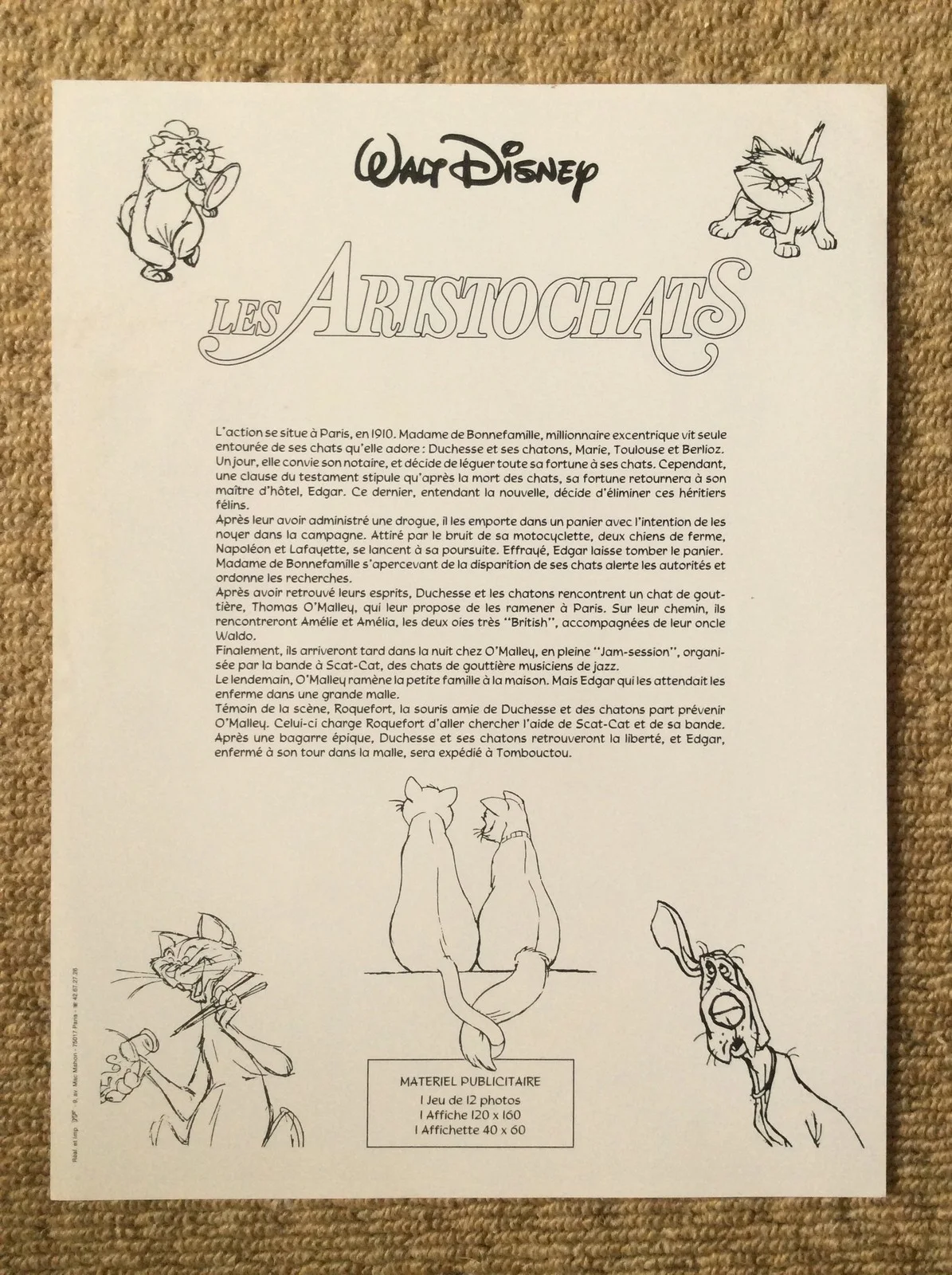 THE ARISTOCATS Movie CATS PARIS Press Card Photo STERLING HOLLOWAY WALT DISNEY, изображение 2
