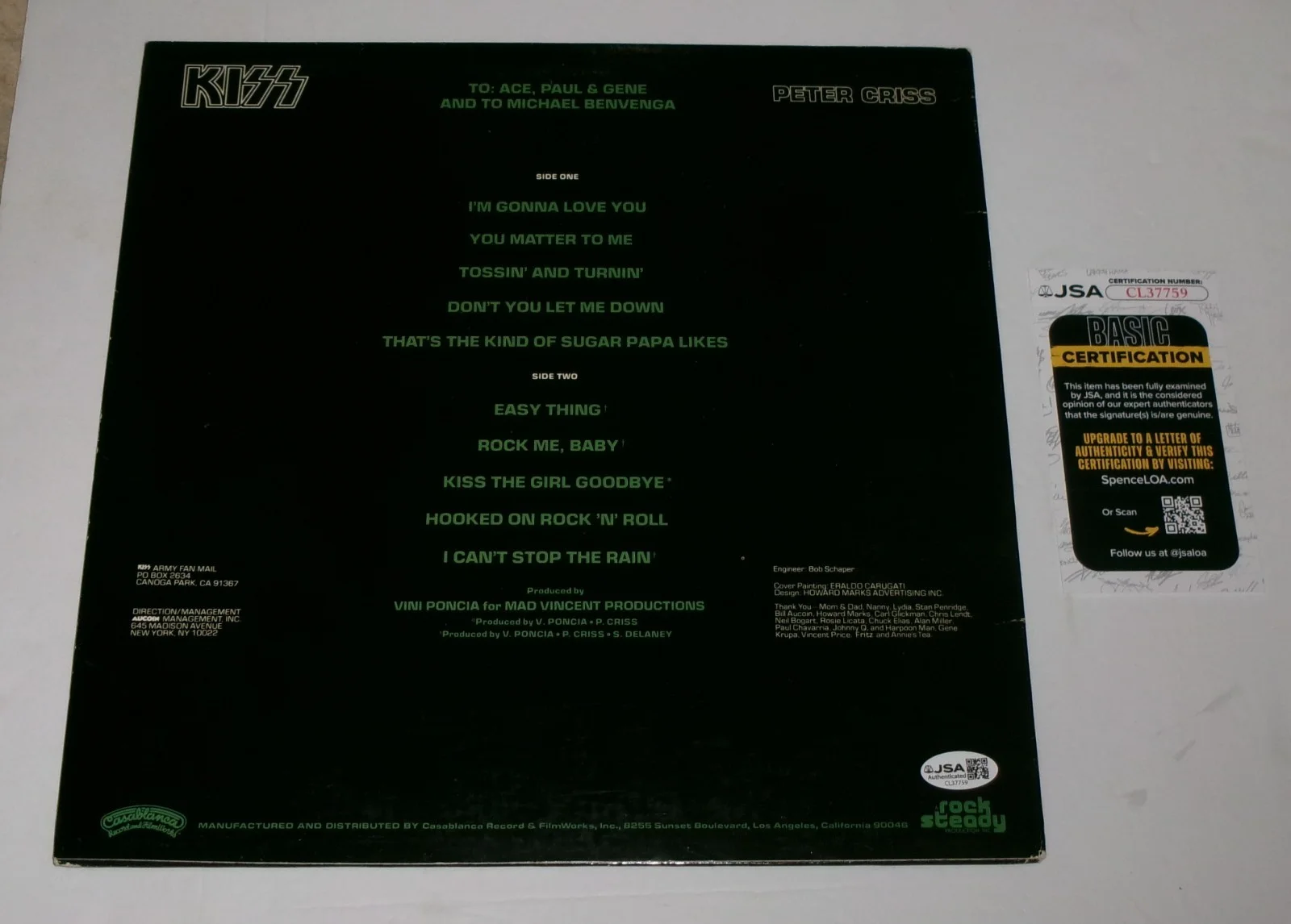 Peter Criss Solo 1978 Album LP SIGNED JSA CERT Has Inserts But NO POSTER, изображение 2