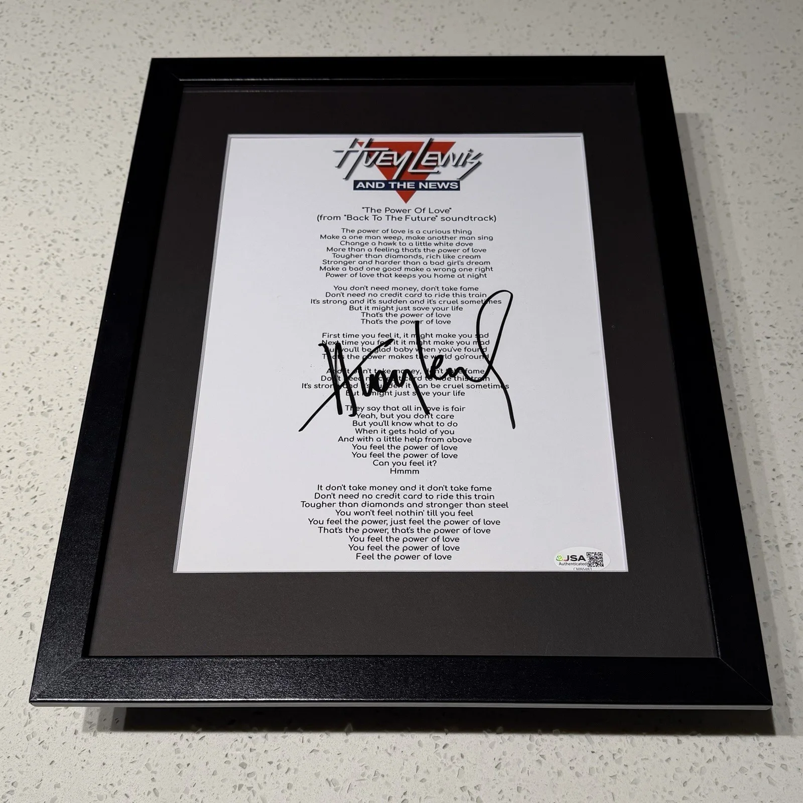 HUEY LEWIS SIGNED POWER OF LOVE LYRIC SHEET FRAMED BTTF AUTOGRAPH JSA COA, image 2