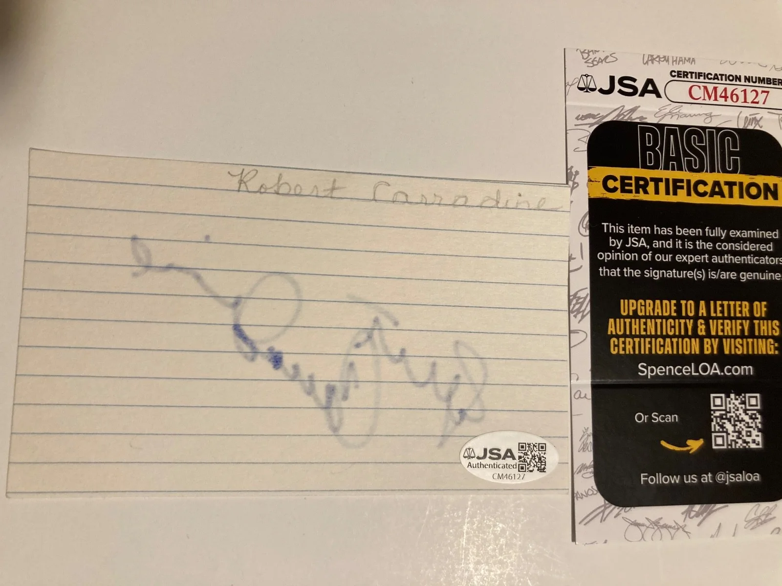 ROBERT CARRADINE — ROBERT CARRADINE signed 3x5 card "REVENGE OF THE NERDS", "THE JSA #CM46127, изображение 2