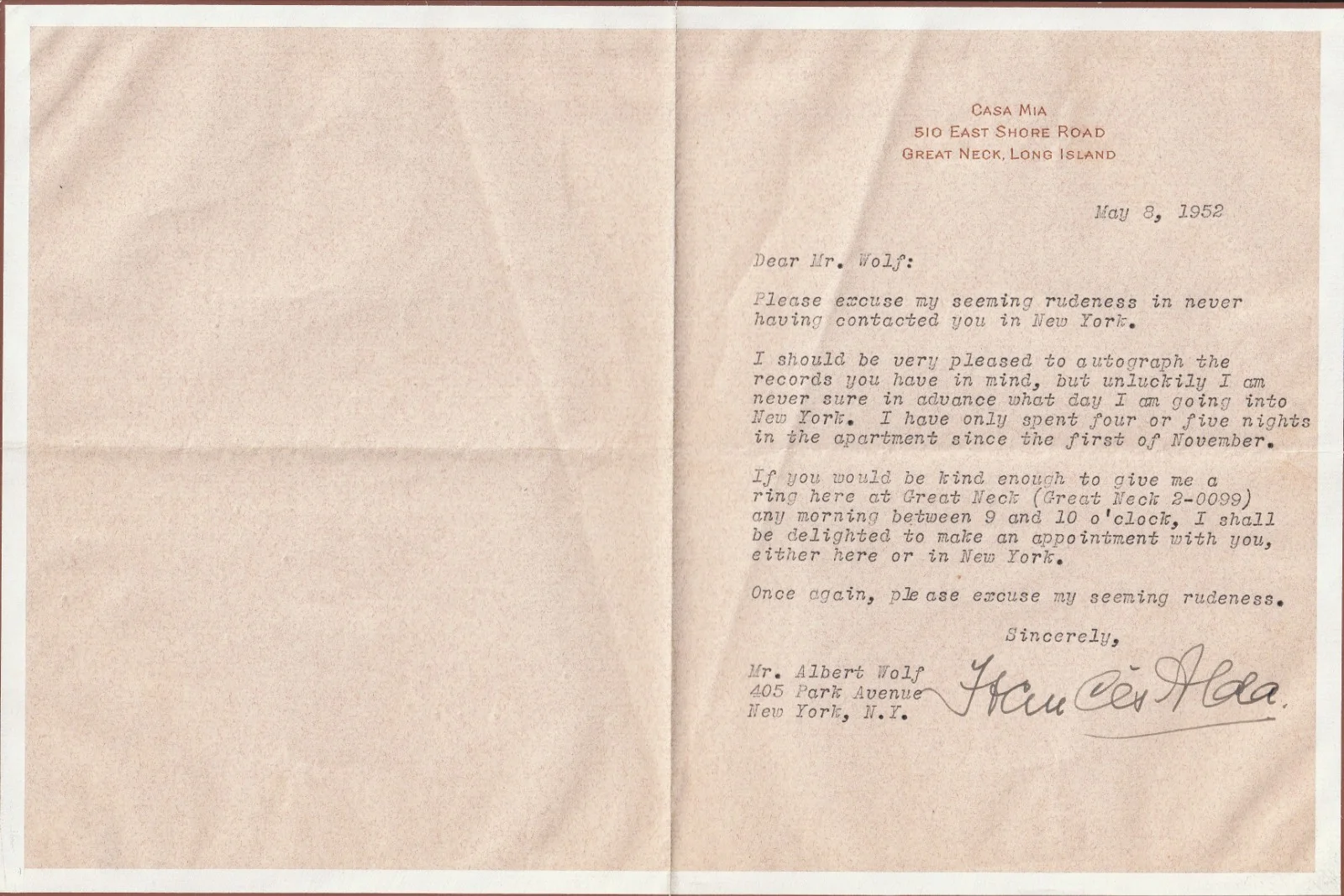 FRANCES ALDA Opera Soprano 2 typed letters signed to a record collector 1952, изображение 2