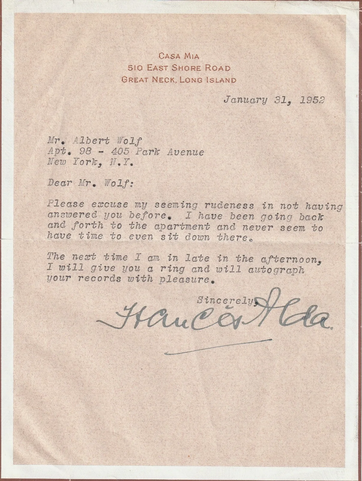FRANCES ALDA Opera Soprano 2 typed letters signed to a record collector 1952, изображение 3
