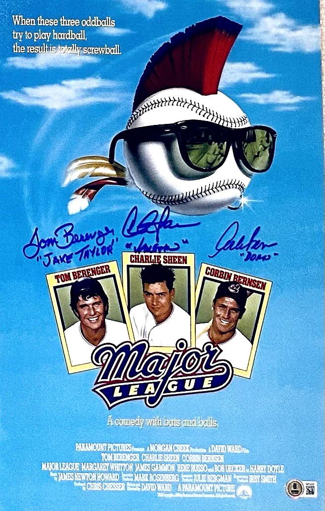 Charlie Sheen, Tom Berenger and Corbin Bernsen — Charlie Sheen, Berenger & Bernsen Signed Major League 11x17 BAS HOLO Autographs