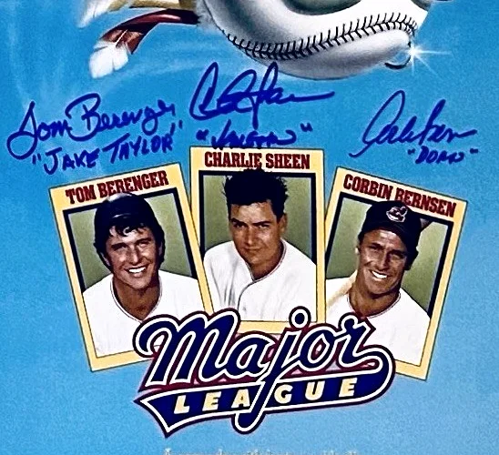 Charlie Sheen, Tom Berenger, Corbin Bernsen — Charlie Sheen, Berenger & Bernsen Signed Major League 11x17 BAS HOLO Autographs, изображение 2