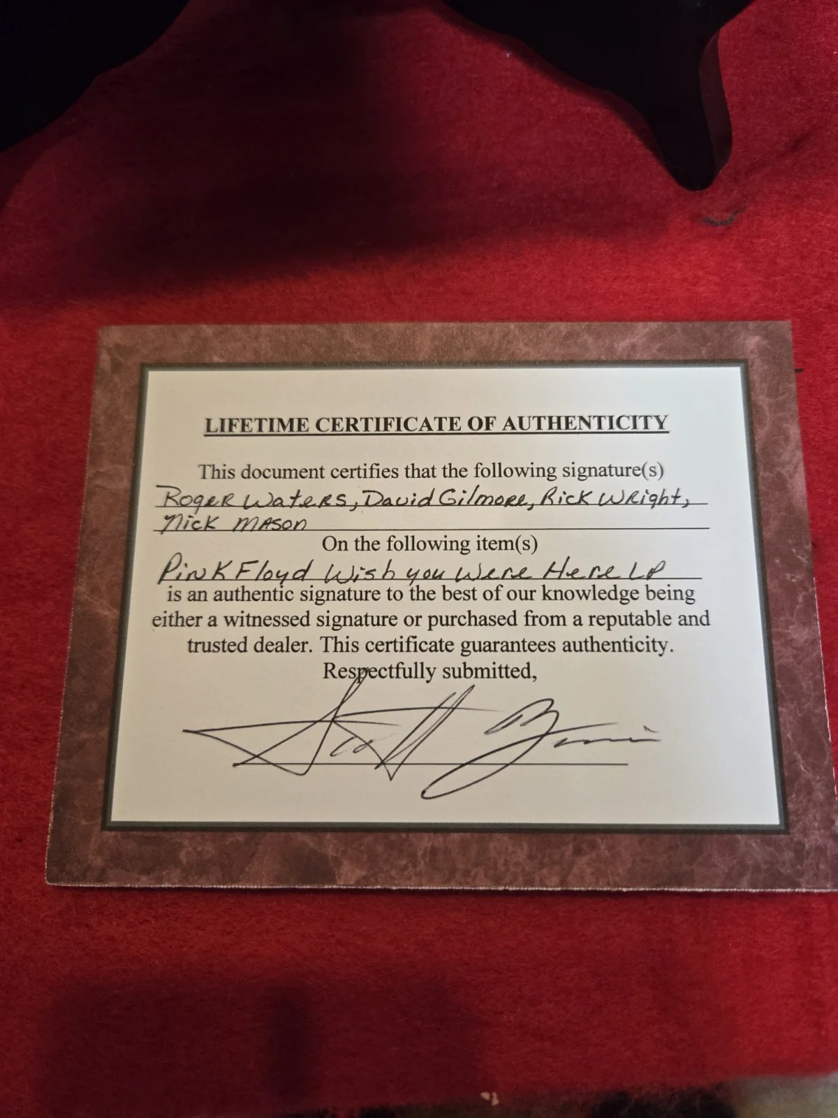 PINK FLOYD SIGNED LP "WISH YOU WERE HERE" With Certificate Of Authenticity, image 4