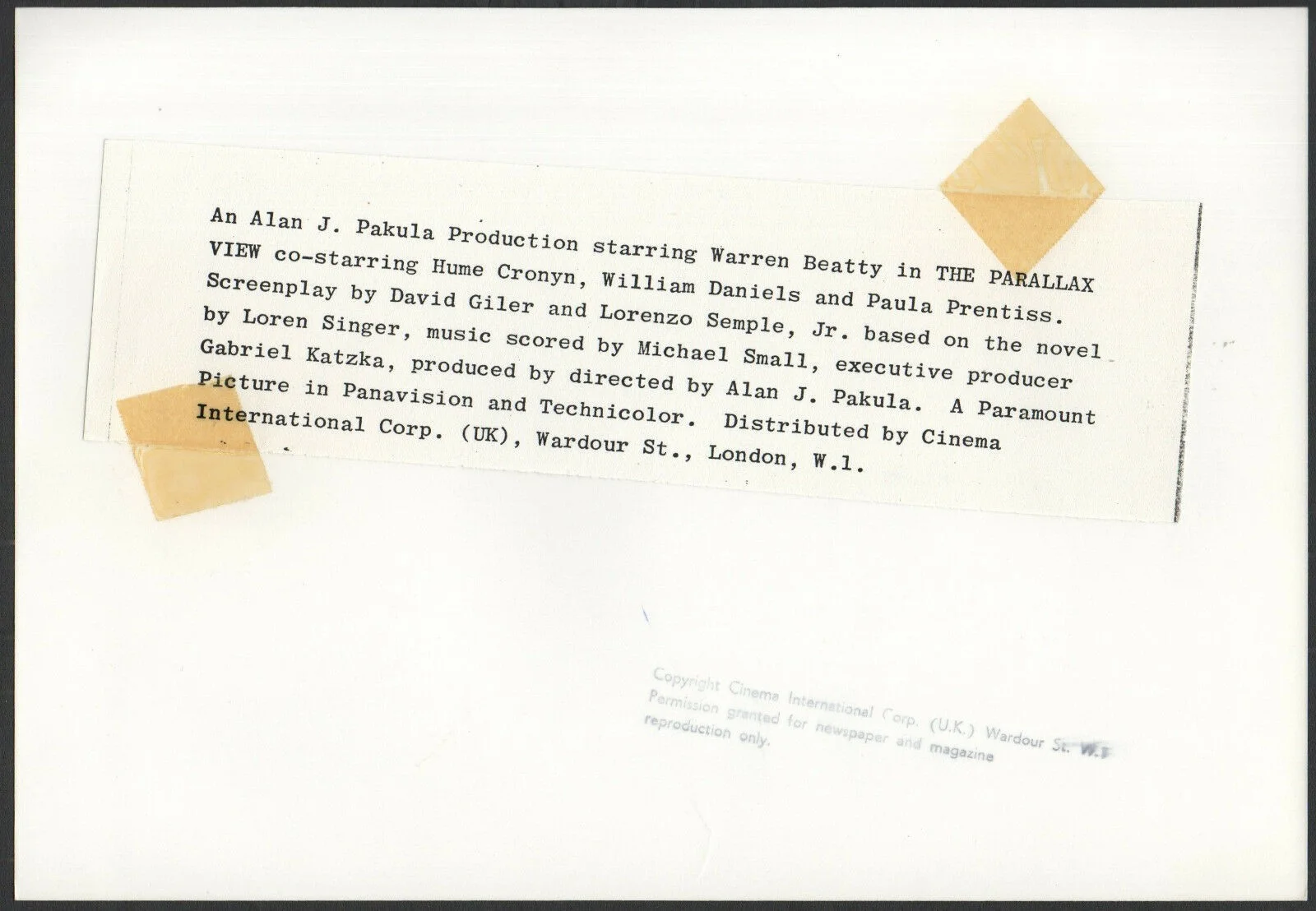 PARALLAX VIEW 1974 Alan J. Pakula 10x7 PORTRAIT, image 2
