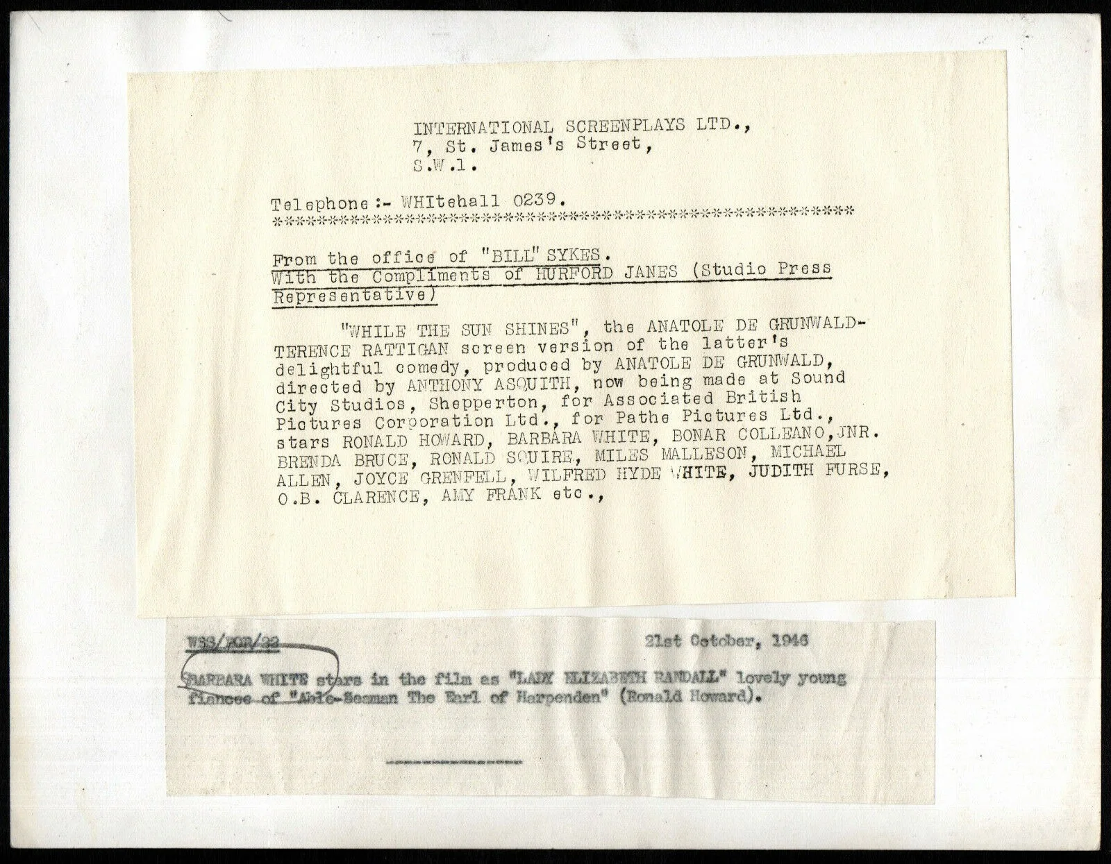 WHILE THE SUN SHINES 1946 BARBARA WHITE Anthony Asquith PORTRAIT #22, image 2