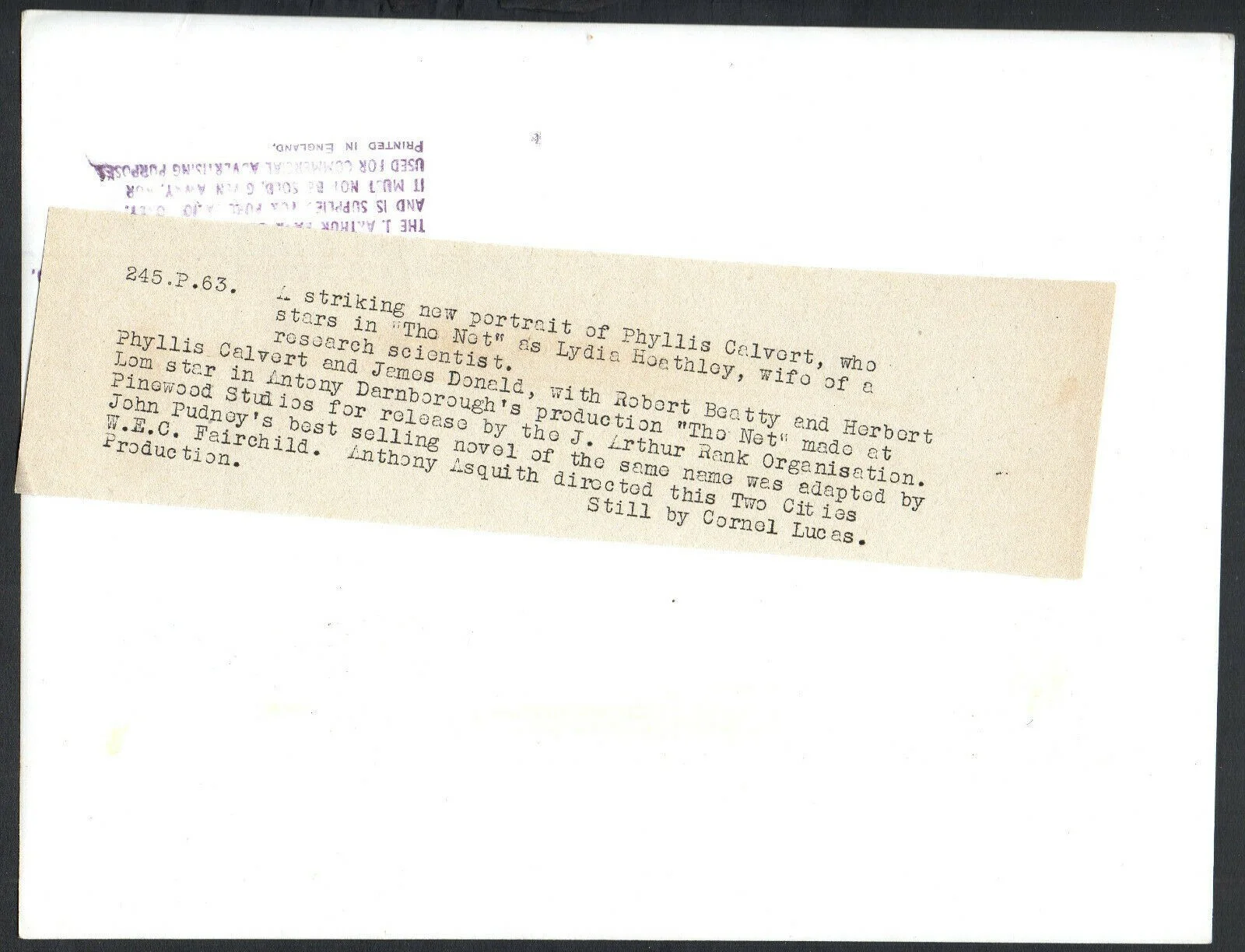 NET 1953 PHYLLIS CALVERT Cornel Lucas Anthony Asquith PORTRAIT #P63, image 2