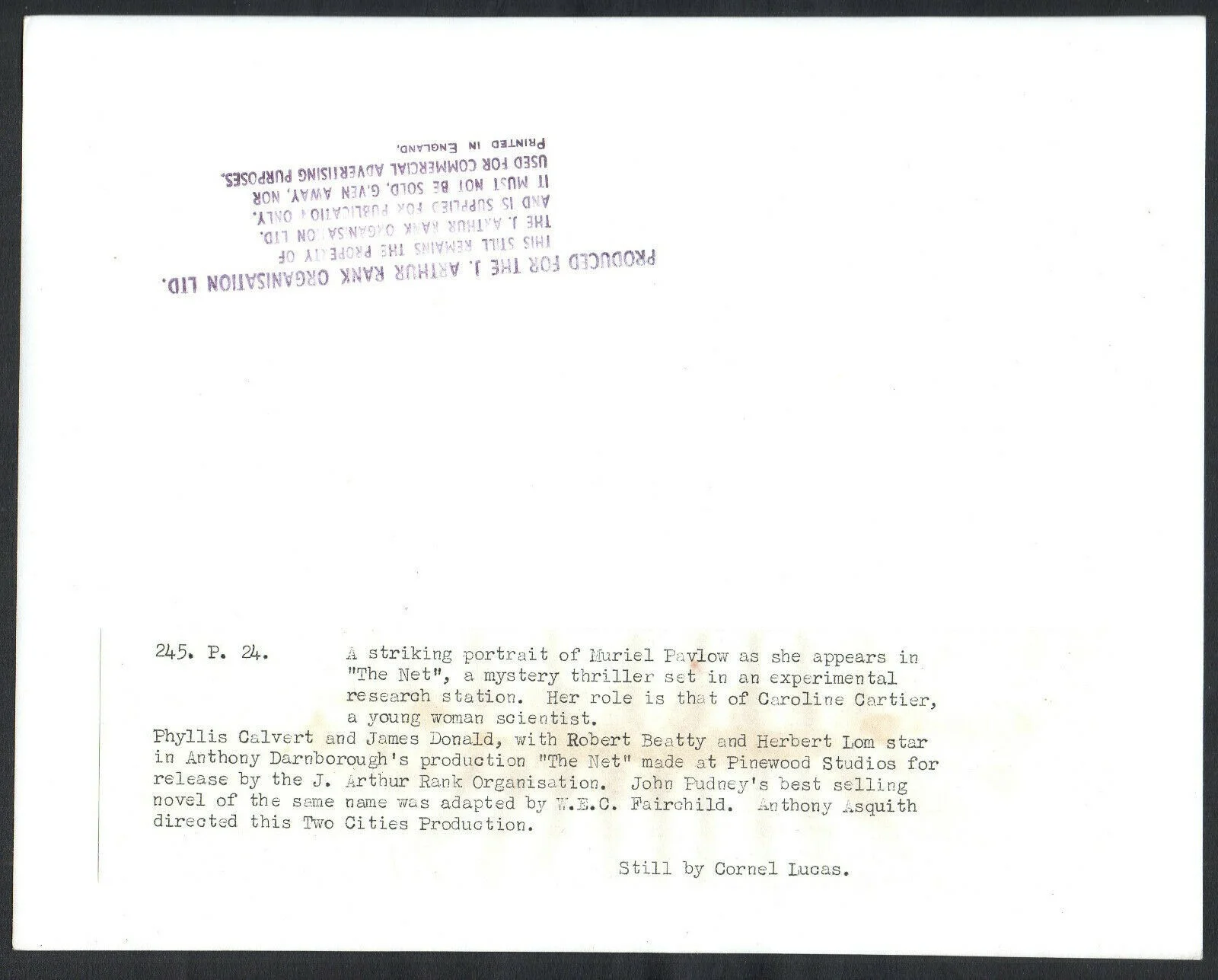 NET 1953 MURIEL PAVLOW Cornel Lucas Anthony Asquith PORTRAIT #P24, image 2
