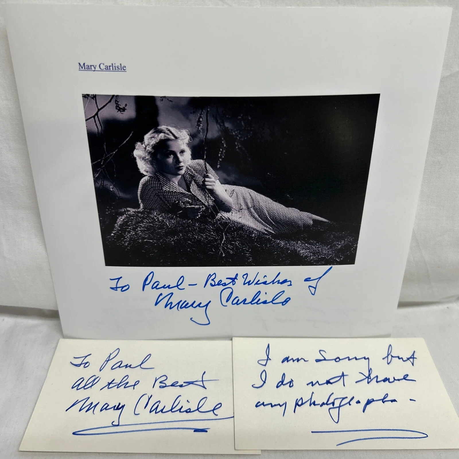Mary Carlisle — Mary Carlisle American Actress Singer Signature Index Card & B/W 4x6 Picture
