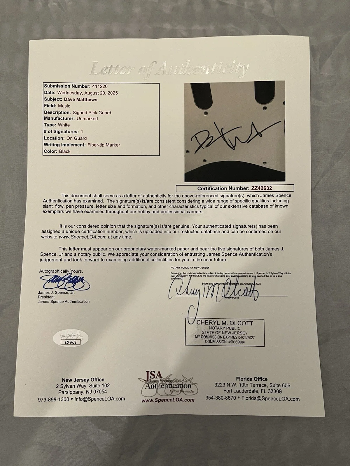 Dave Matthews Signed Autographed Stratocaster Guitar Pickguard Band JSA LOA, image 2