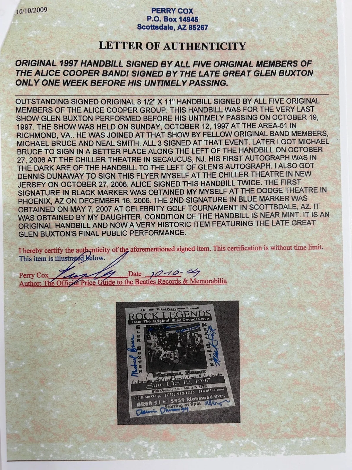 Alice Cooper Group Glen Buxton Photo-5 Members signatures Rock Legends Handbill, image 3