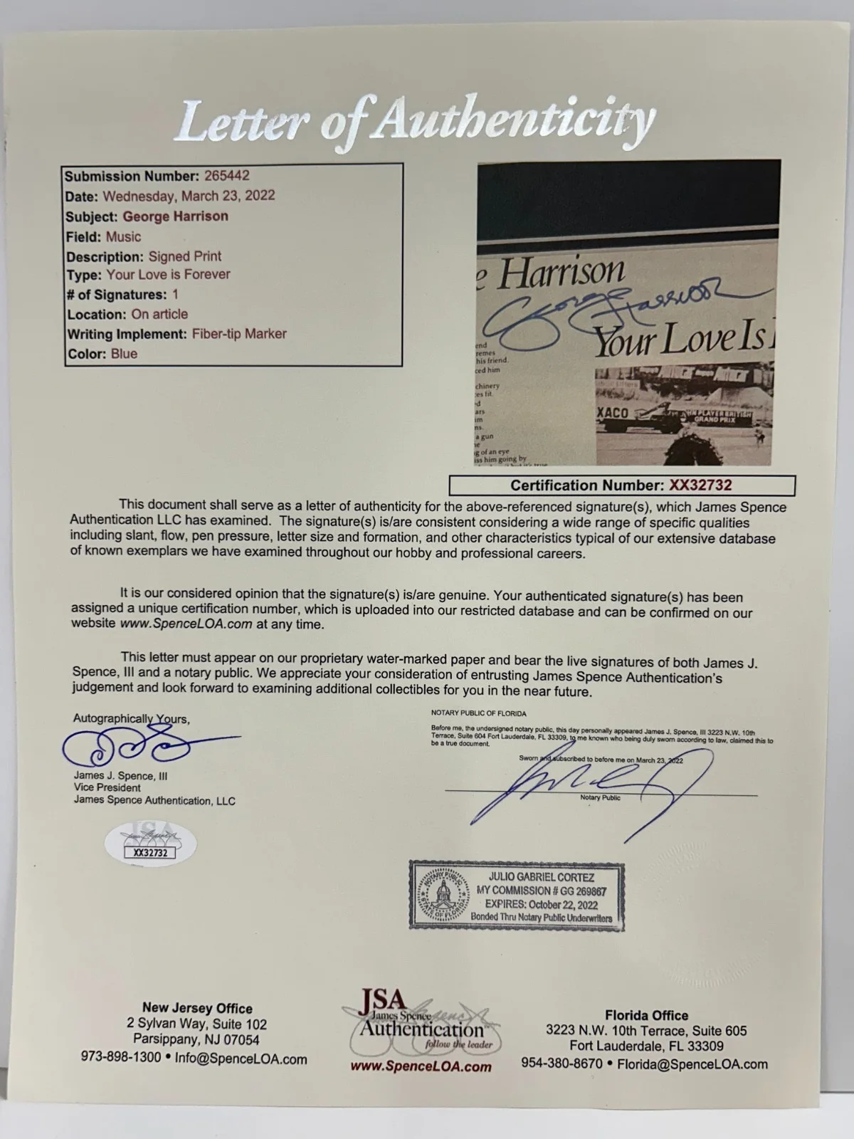 George Harrison Signed Picture Insert Only - Faster & Your Love Is Forever JSA, изображение 2