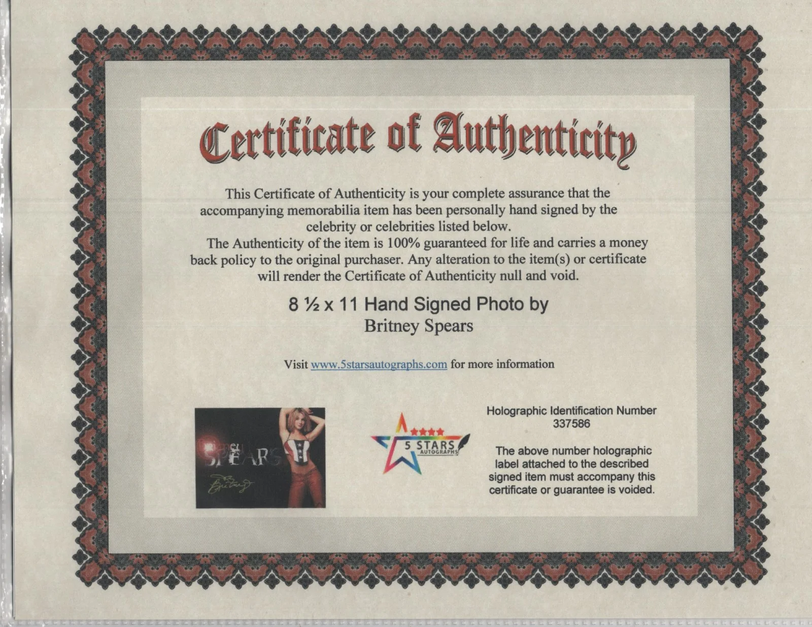 BRITNEY SPEARS AUTOGRAPHED 8 1/2 X 11 COLOR PHOTO / COA, изображение 2