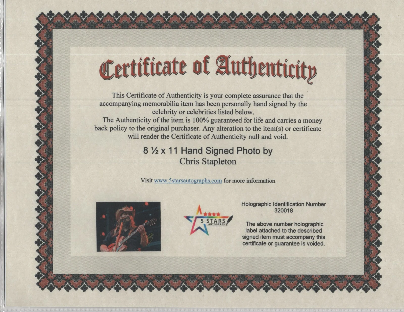 CHRIS STAPLETON HAND SIGNED 8 1/2 X 11 COLOR PHOTO / COA, image 2