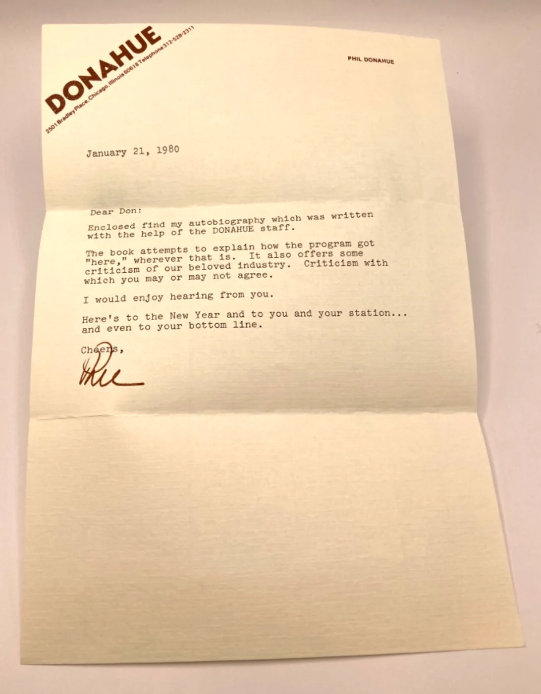Phil Donahue — Phil Donahue Signed Letter 1980 + Autographed Book My Own Story talk show host, изображение 2