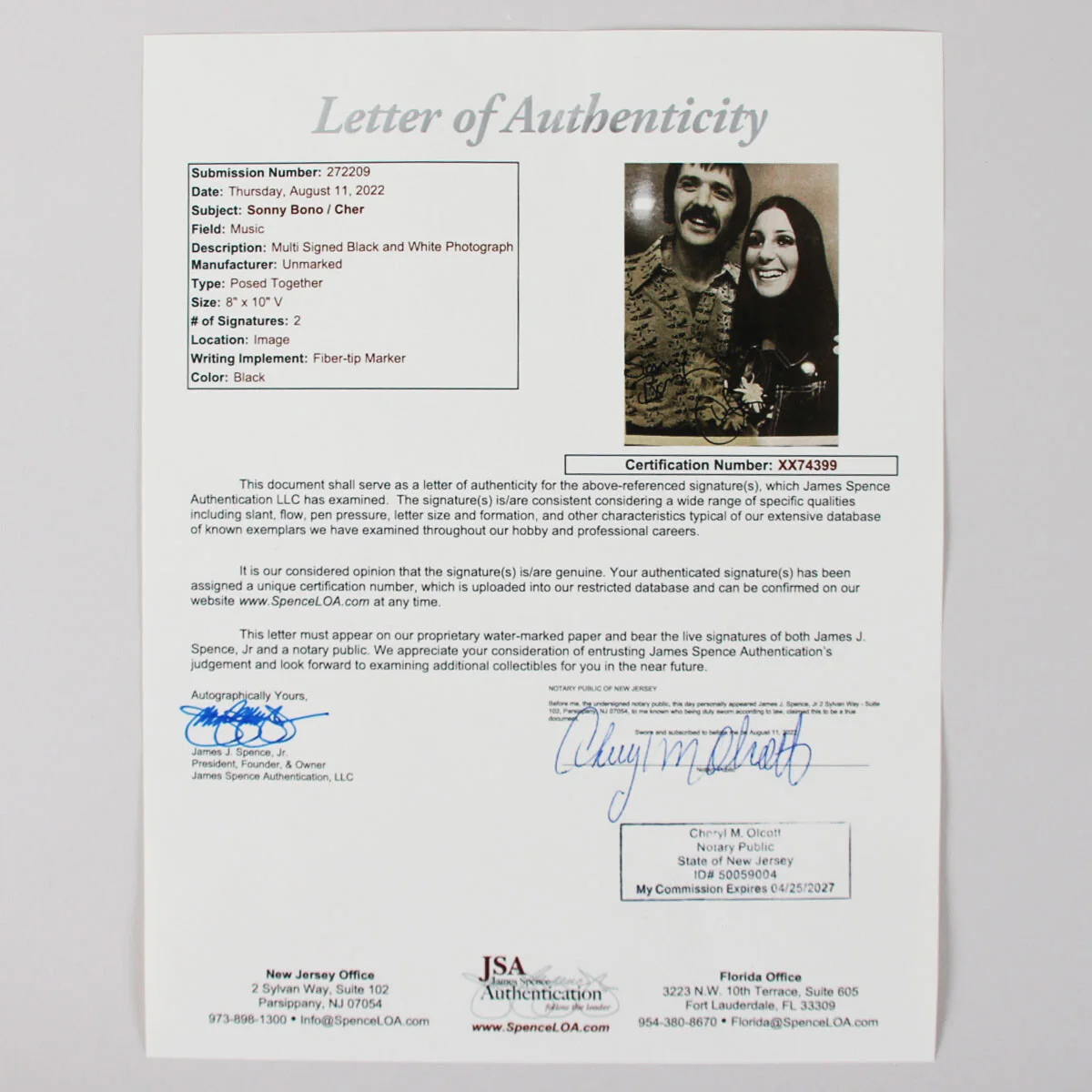 Cher & Sonny Bono Signed Photo 8x10 - COA JSA, изображение 5