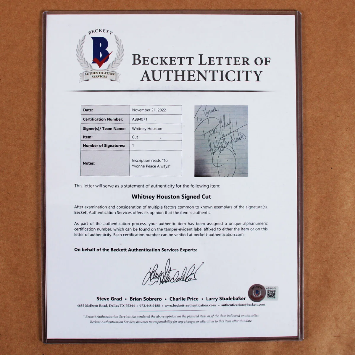Whitney Houston Signed Cut Record Display - COA BAS, image 5