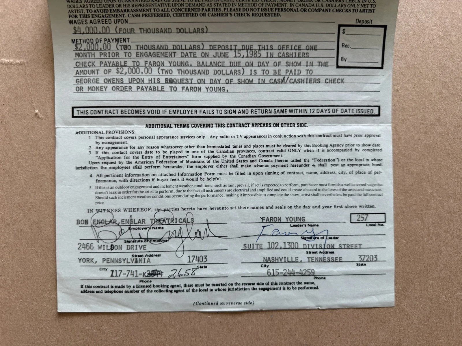 Faron Young Signed Contract Bob Englar Signed Contract 1985 Autographs, image 2