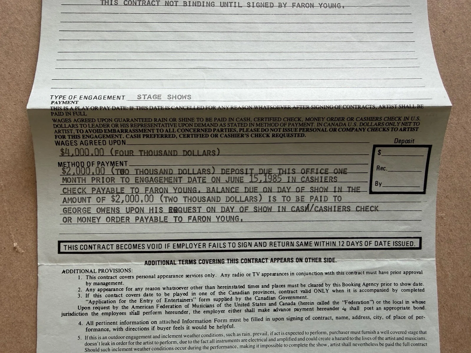 Faron Young Signed Contract Bob Englar Signed Contract 1985 Autographs, image 3