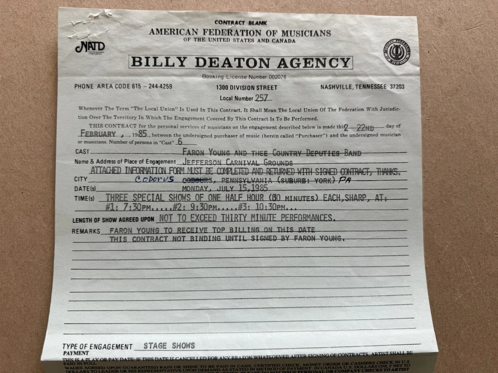 Faron Young Signed Contract Bob Englar Signed Contract 1985 Autographs, image 4