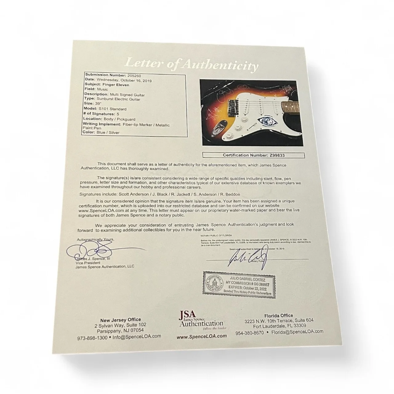 Finger Eleven signed Electric Guitar JSA LOA COA, image 2
