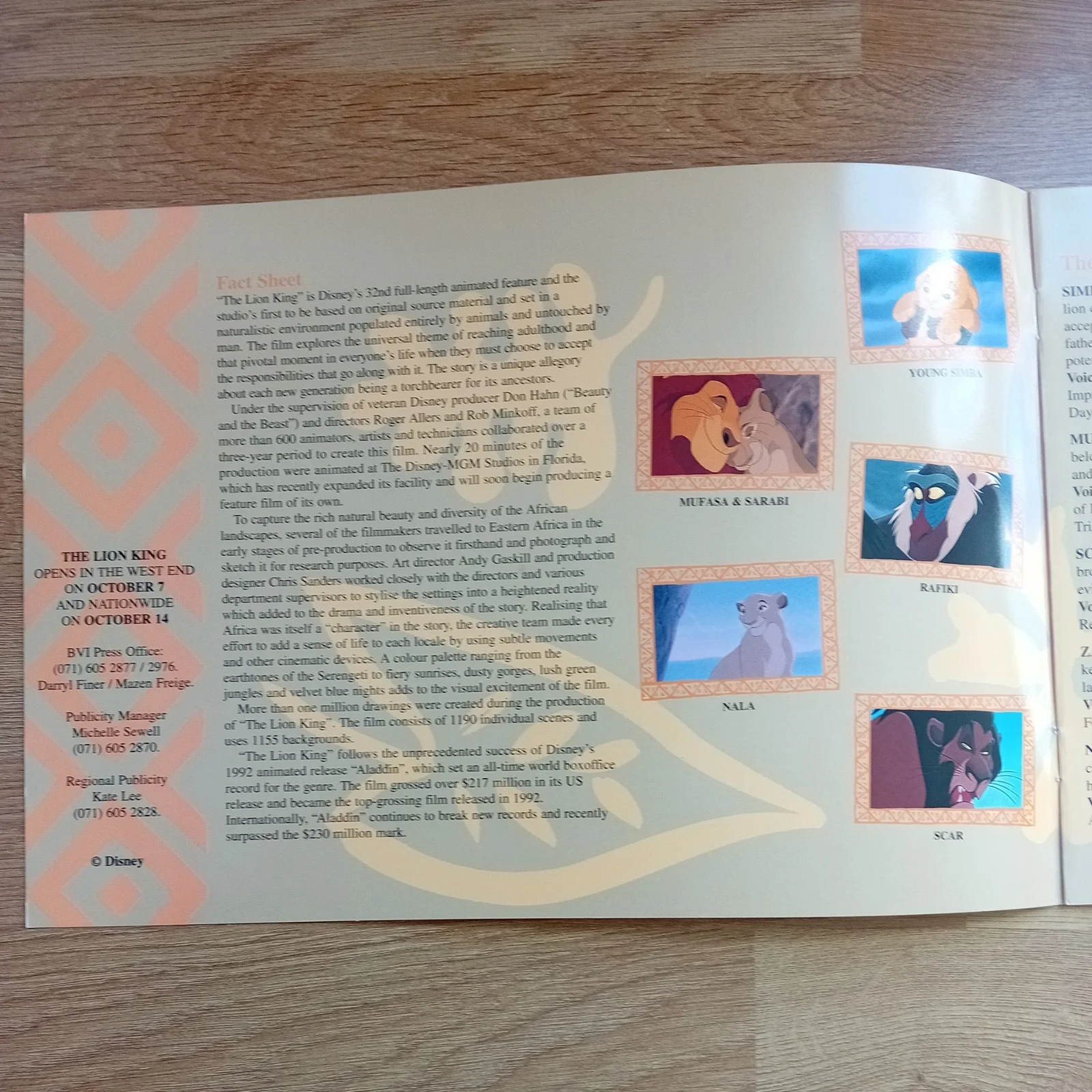 Walt Disney THE LION KING 1994 UK Cinema Synopsis / Promotional Press Kit, изображение 2