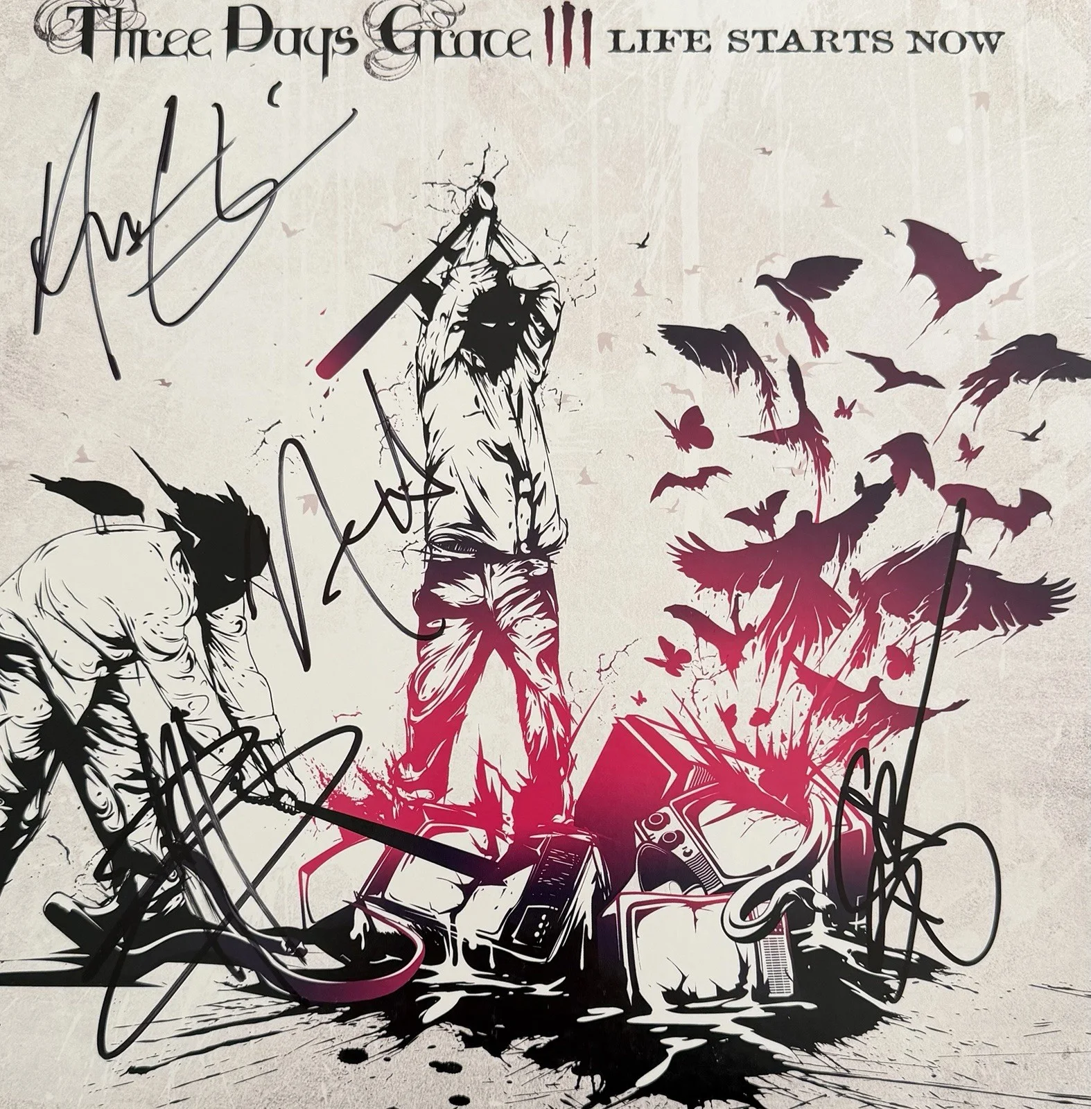 THREE DAYS GRACE SIGNED LIFE STARTS NOW VINYL RECORD ADAM GONTIER + 3 w/JSA COA, изображение 3