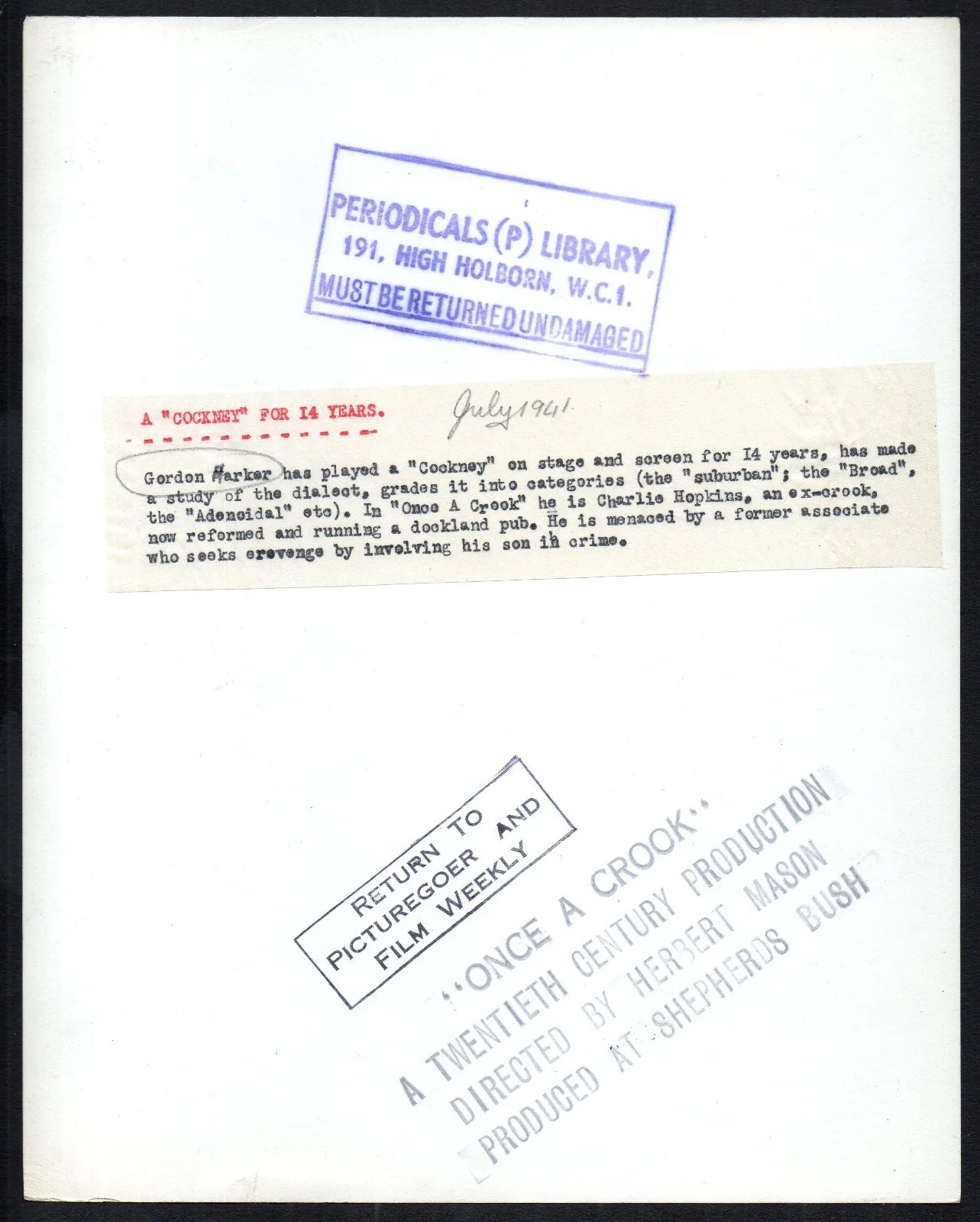 ONCE A CROOK 1941 Gordon Harker 10x8 PORTRAIT, image 2