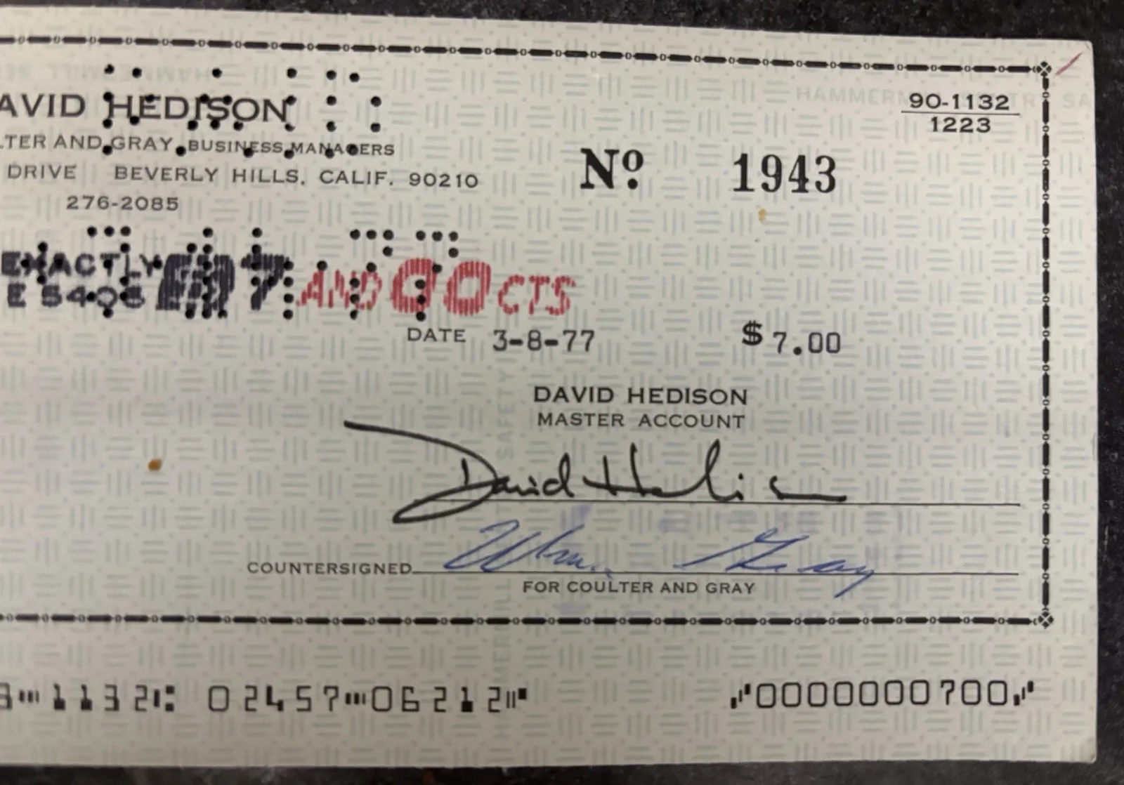 David Hedison — David Hedison “The Fly” Signed Check, image 2