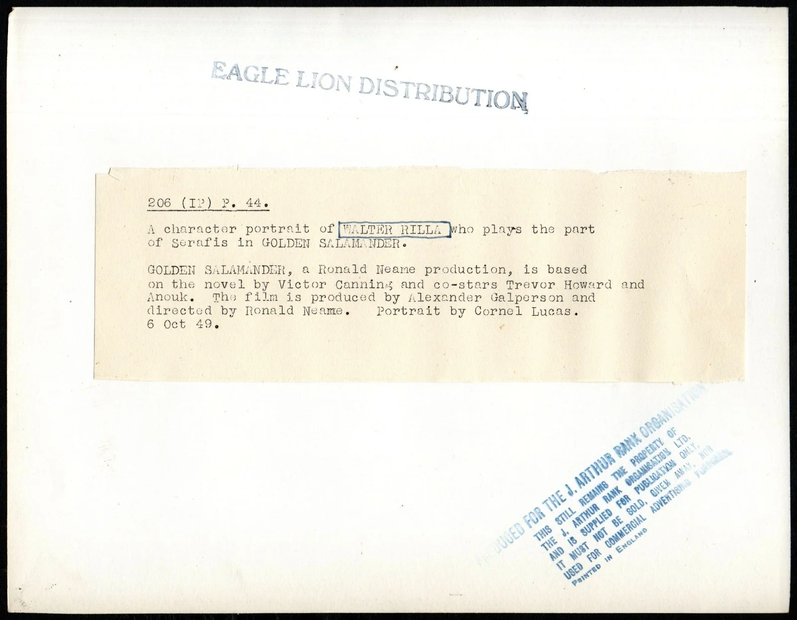 GOLDEN SALAMANDER 1949 WALTER RILLA Cornel Lucas Victor Canning PORTRAIT #P44, image 2