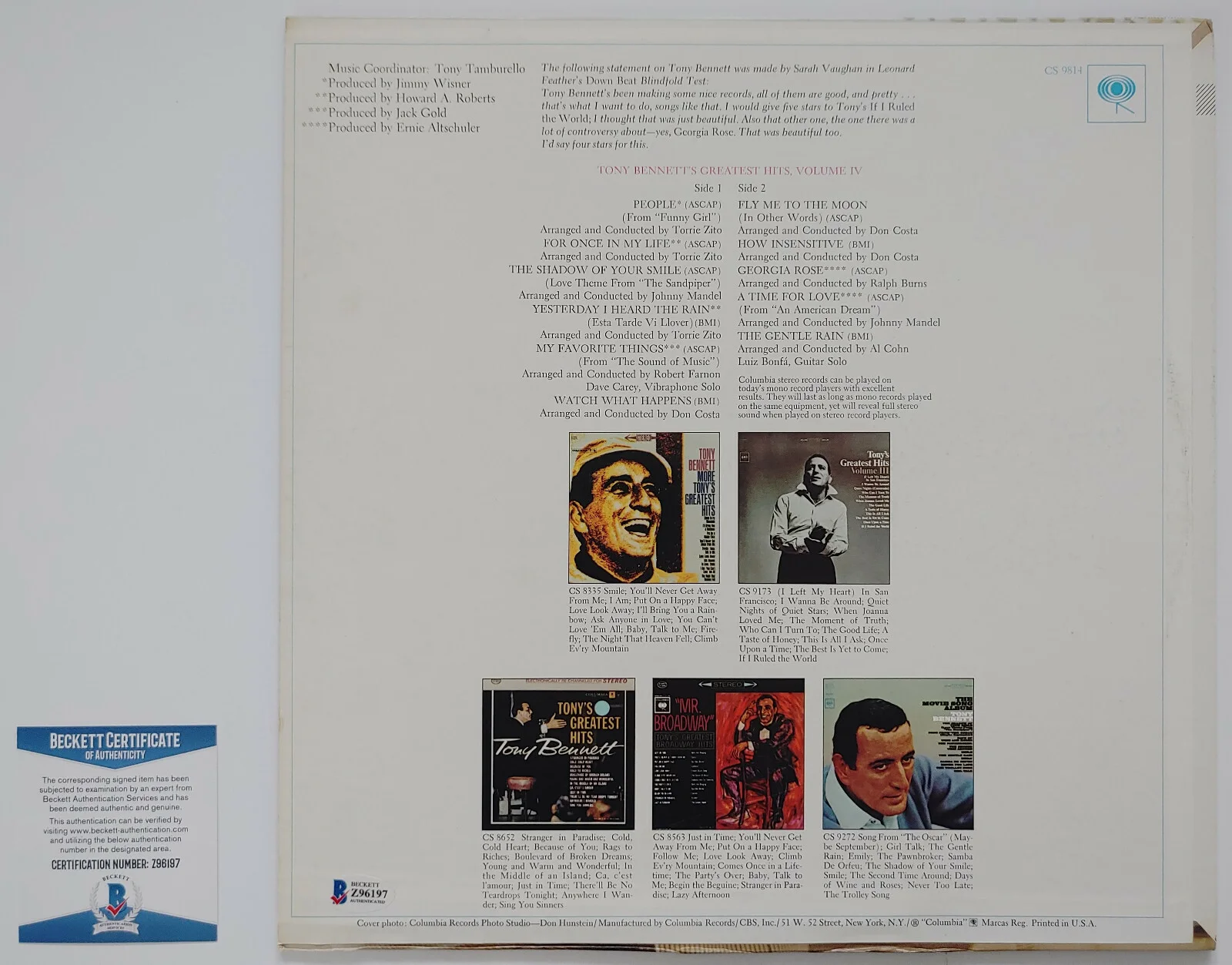 Tony Bennett signed Greatest Hits album vinyl record COA exact proof Beckett BAS, изображение 4