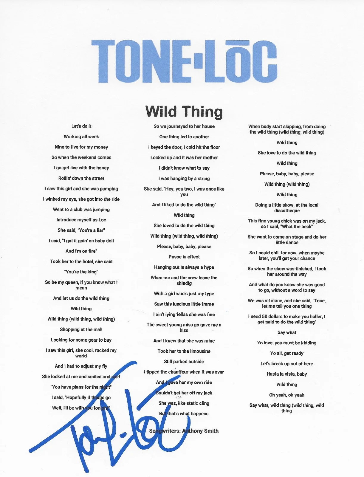 Tone Loc Signed Wild Thing Lyrics Sheet COA Exact Proof Autographed, image 2