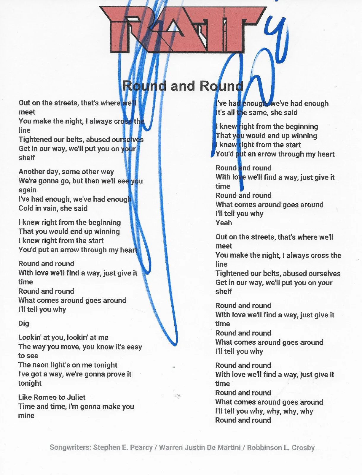 Stephen Pearcy Signed Ratt Round and Round Lyrics Sheet Proof COA Autographed, image 2