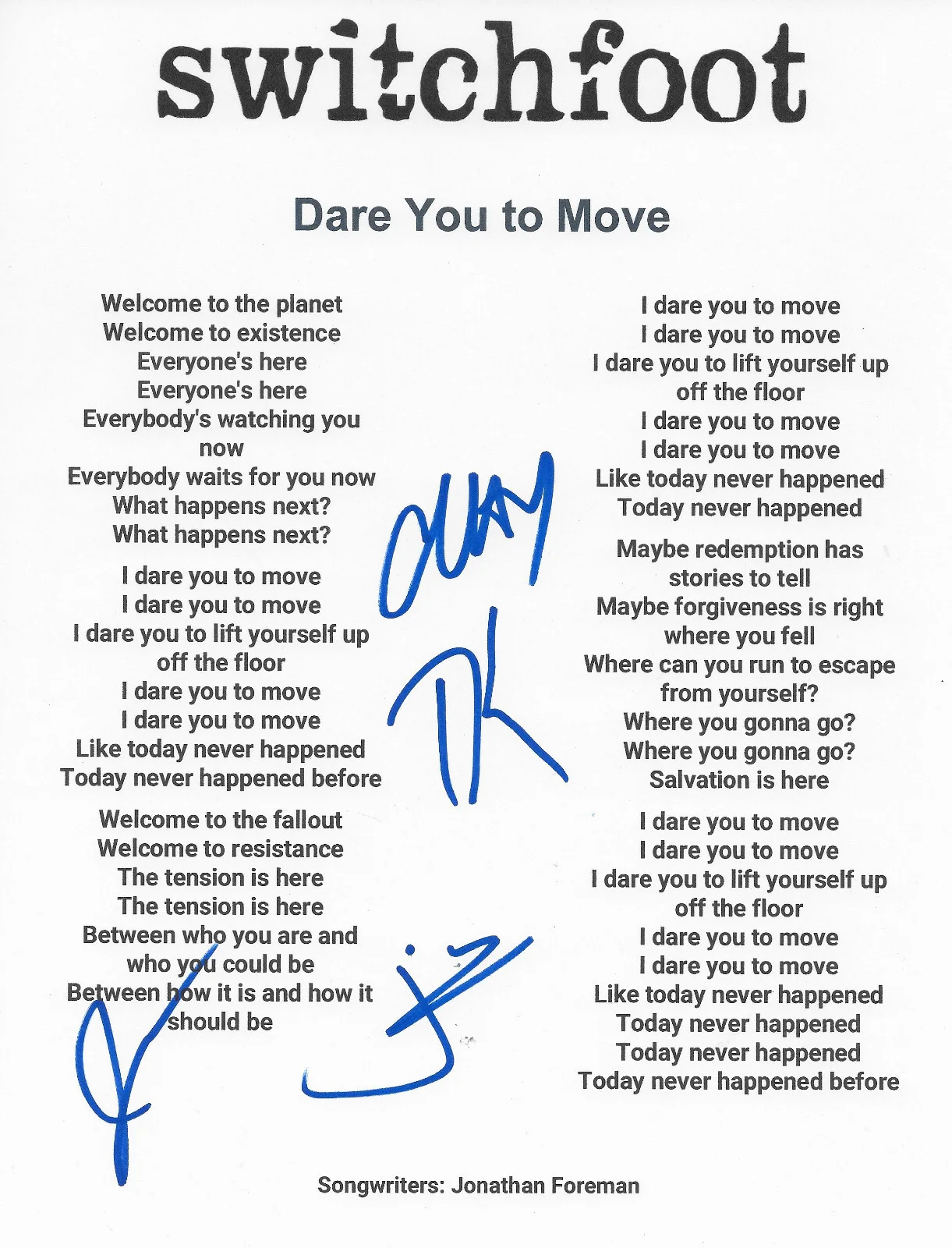 Switchfoot Band Signed Dare You To Move Lyrics Sheet COA Proof Autographed, изображение 2