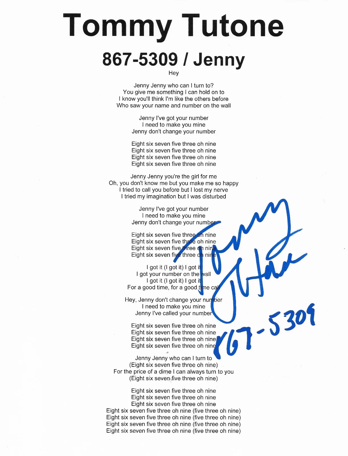 Tommy Tutone Signed 867 5309 Jenny Lyrics Sheet COA Exact Proof Autographed, изображение 2