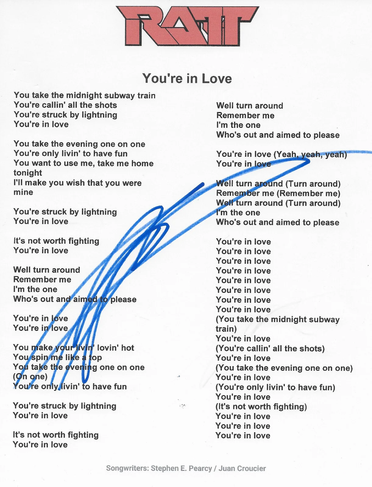 Stephen Pearcy Signed Ratt You're In Love Lyrics Sheet Proof COA Autographed, image 2