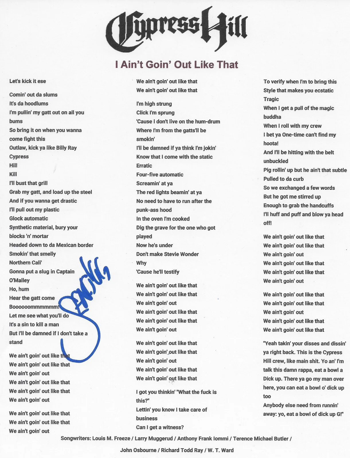 Sen Dog Signed Cypress Hill I Aint Goin Out.. Lyrics Sheet COA Proof Autographed, изображение 2