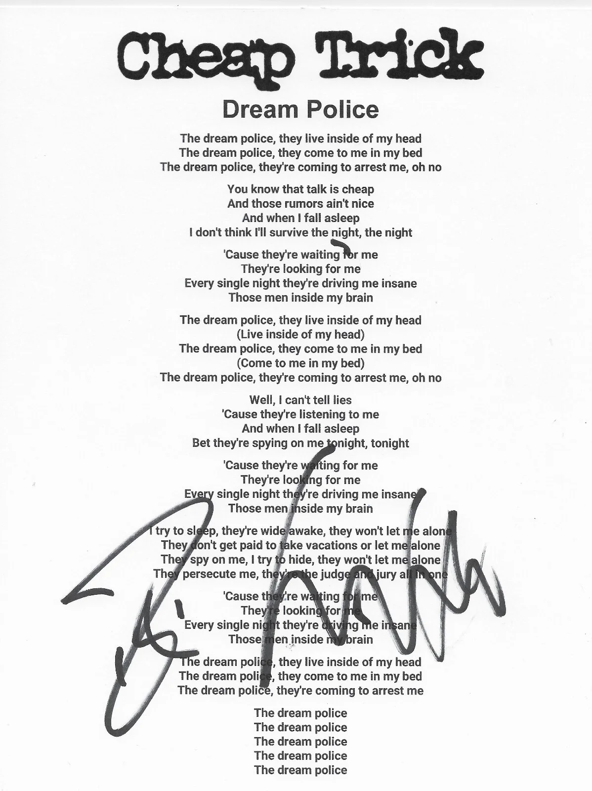 Robin Zander & Tom Petersson signed Cheap Trick Dream Police Lyrics sheet Proof, image 2