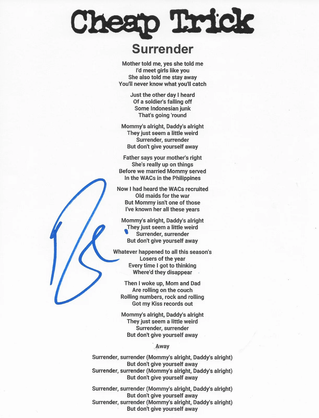 Robin Zander signed Cheap Trick Surrender Lyrics sheet COA Proof autographed, image 2