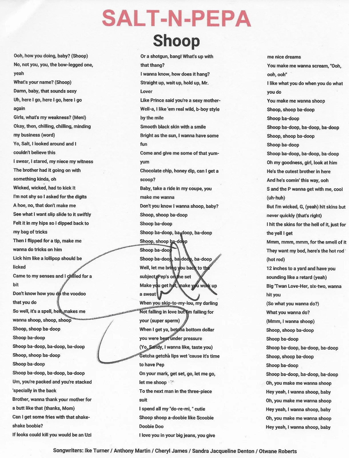 Salt Signed Salt-N-Pepa Shoop Lyric Sheet COA Exact Proof Autographed, image 2